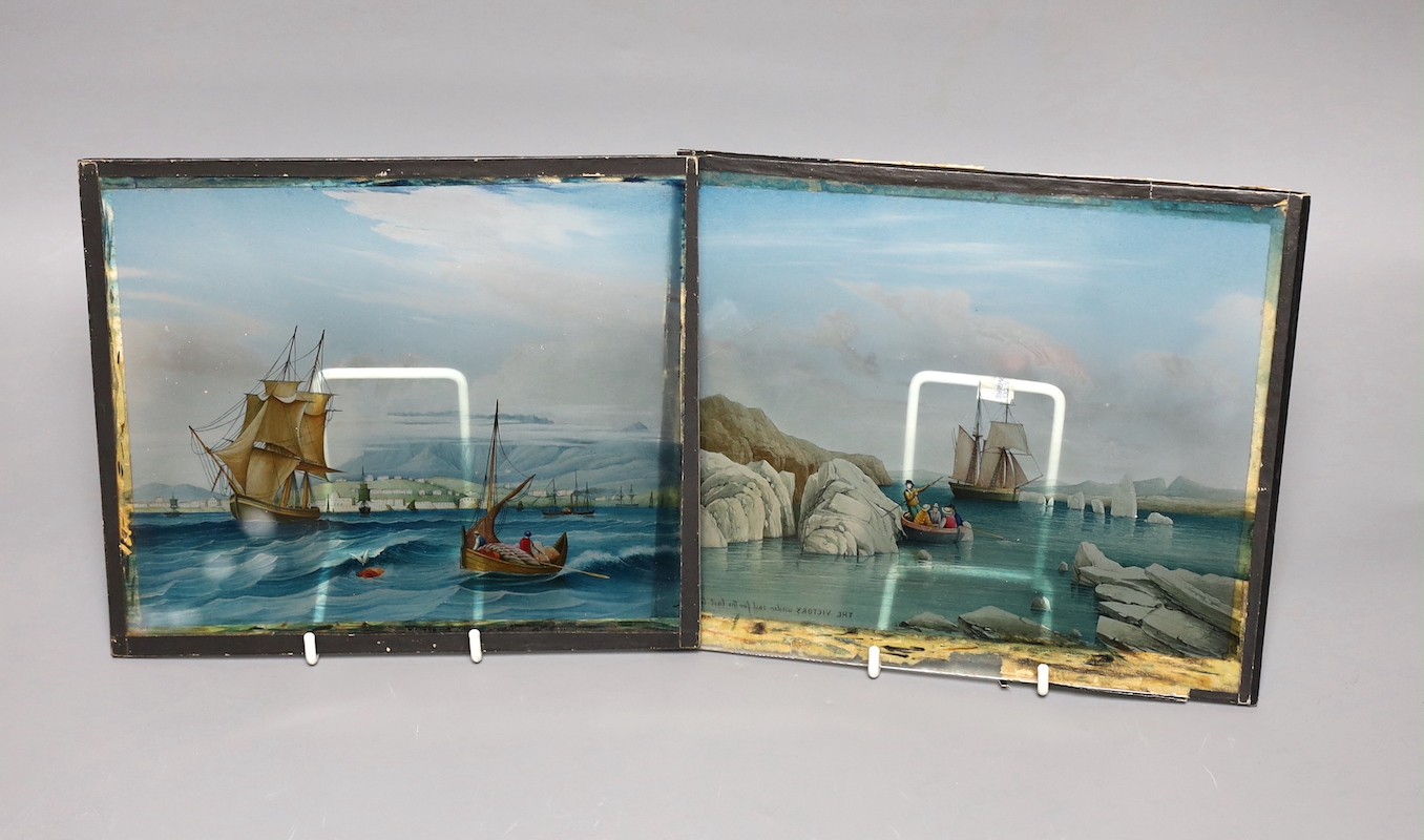 A pair of late 19th century reverse painted glass panels of HMS Victory, possibly large scale lantern slides, 21cms wide x 18 cms high.